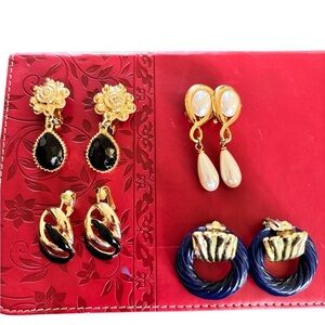 Vintage 80’s 4PR Costume Jewelry Clip On Earrings Door Knocker Faux Pearl Dangle
